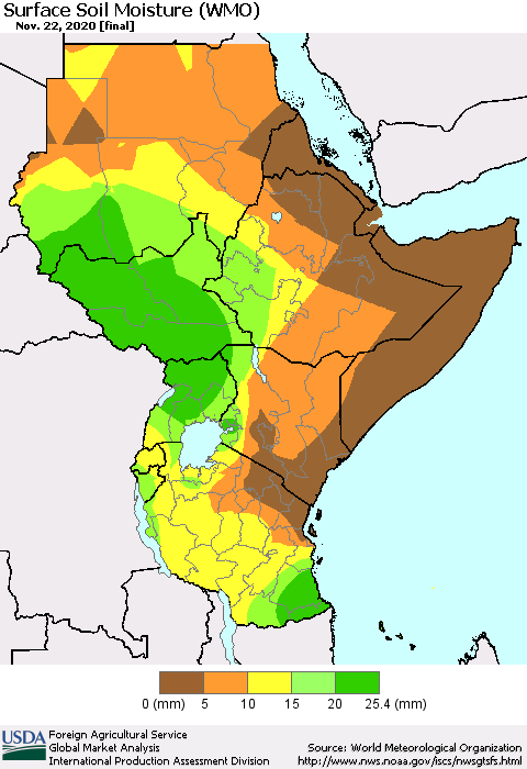 Eastern Africa Surface Soil Moisture (WMO) Thematic Map For 11/16/2020 - 11/22/2020