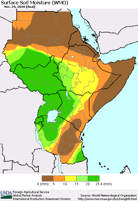 Eastern Africa Surface Soil Moisture (WMO) Thematic Map For 11/23/2020 - 11/29/2020