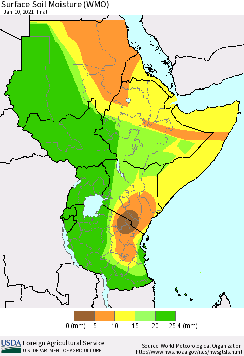 Eastern Africa Surface Soil Moisture (WMO) Thematic Map For 1/4/2021 - 1/10/2021