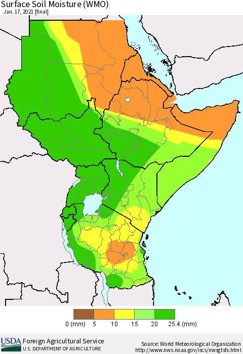 Eastern Africa Surface Soil Moisture (WMO) Thematic Map For 1/11/2021 - 1/17/2021