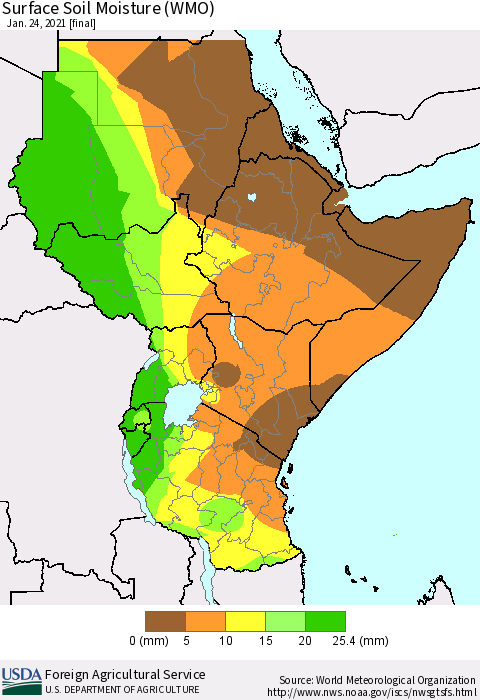 Eastern Africa Surface Soil Moisture (WMO) Thematic Map For 1/18/2021 - 1/24/2021