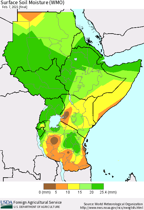 Eastern Africa Surface Soil Moisture (WMO) Thematic Map For 2/1/2021 - 2/7/2021