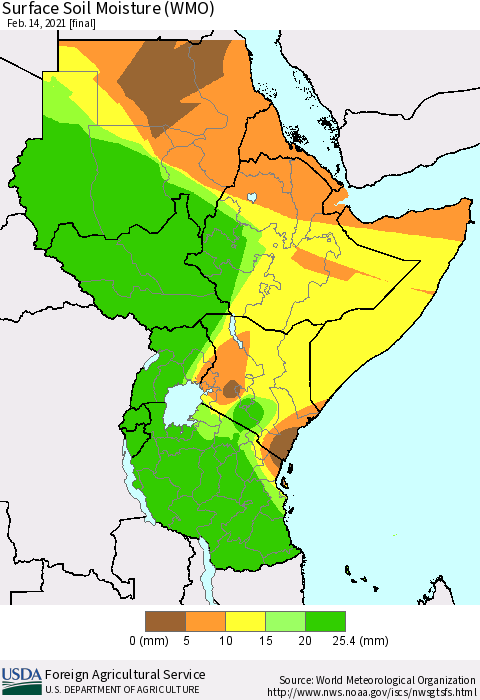 Eastern Africa Surface Soil Moisture (WMO) Thematic Map For 2/8/2021 - 2/14/2021