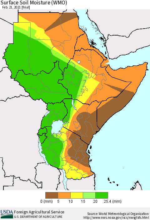 Eastern Africa Surface Soil Moisture (WMO) Thematic Map For 2/15/2021 - 2/21/2021