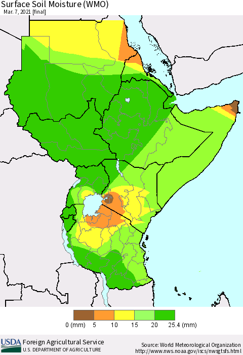 Eastern Africa Surface Soil Moisture (WMO) Thematic Map For 3/1/2021 - 3/7/2021