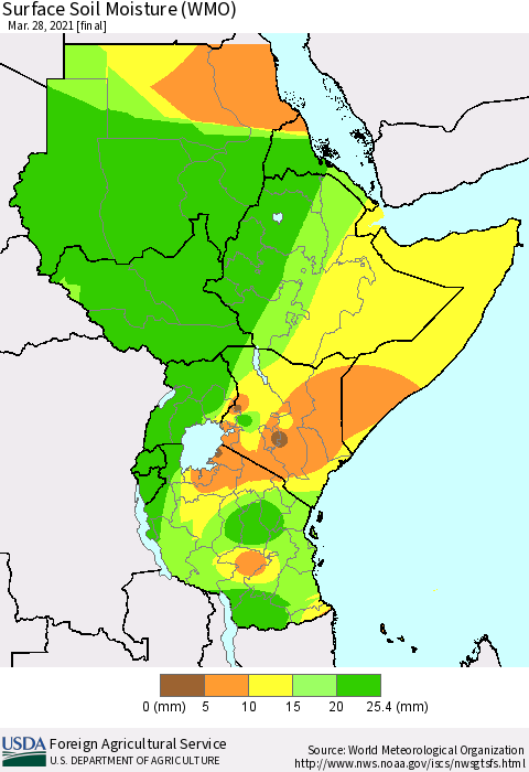 Eastern Africa Surface Soil Moisture (WMO) Thematic Map For 3/22/2021 - 3/28/2021