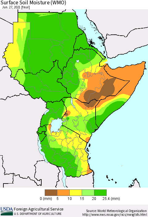 Eastern Africa Surface Soil Moisture (WMO) Thematic Map For 6/21/2021 - 6/27/2021