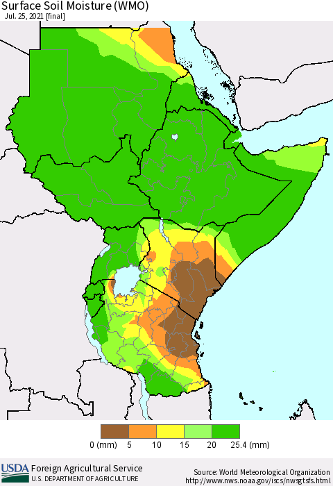 Eastern Africa Surface Soil Moisture (WMO) Thematic Map For 7/19/2021 - 7/25/2021
