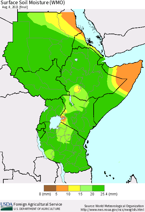 Eastern Africa Surface Soil Moisture (WMO) Thematic Map For 8/2/2021 - 8/8/2021