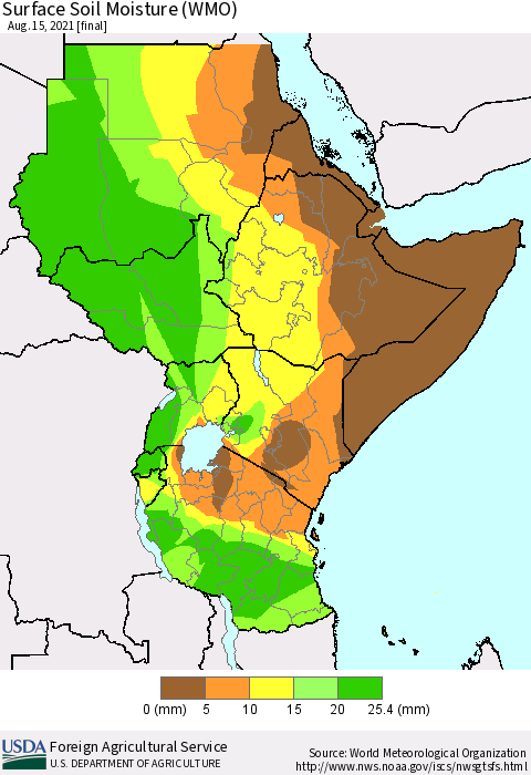 Eastern Africa Surface Soil Moisture (WMO) Thematic Map For 8/9/2021 - 8/15/2021
