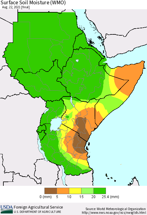 Eastern Africa Surface Soil Moisture (WMO) Thematic Map For 8/16/2021 - 8/22/2021