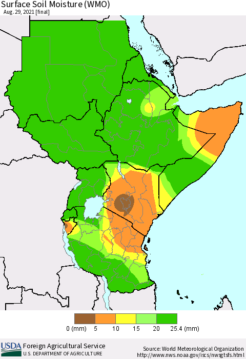 Eastern Africa Surface Soil Moisture (WMO) Thematic Map For 8/23/2021 - 8/29/2021