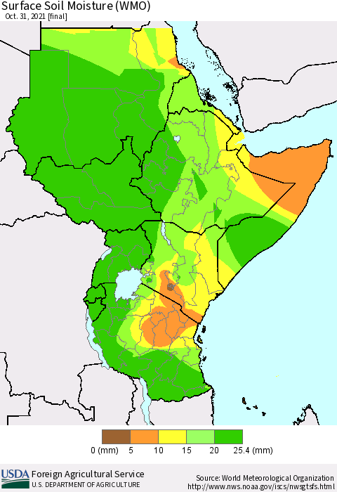 Eastern Africa Surface Soil Moisture (WMO) Thematic Map For 10/25/2021 - 10/31/2021