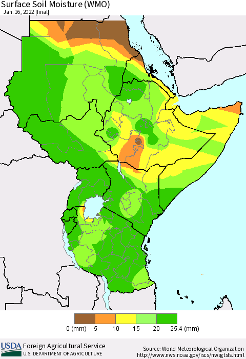 Eastern Africa Surface Soil Moisture (WMO) Thematic Map For 1/10/2022 - 1/16/2022
