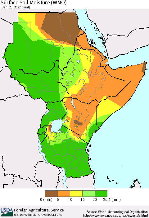 Eastern Africa Surface Soil Moisture (WMO) Thematic Map For 1/17/2022 - 1/23/2022