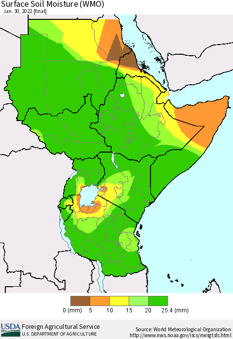 Eastern Africa Surface Soil Moisture (WMO) Thematic Map For 1/24/2022 - 1/30/2022