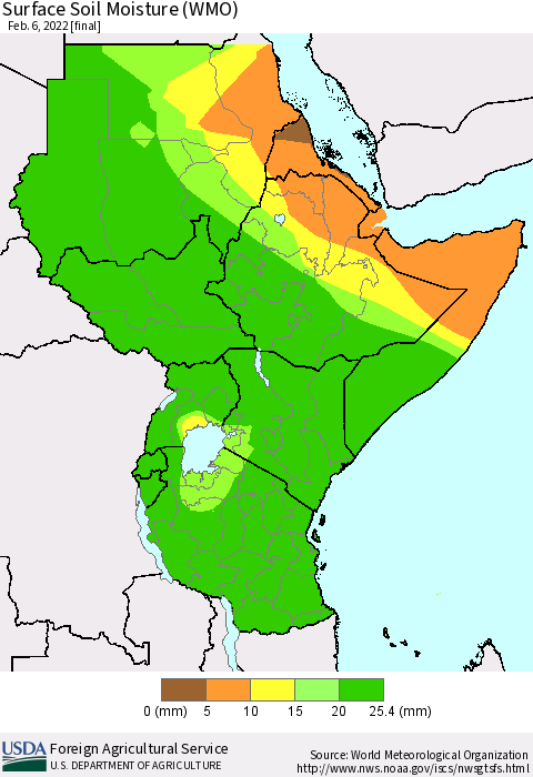 Eastern Africa Surface Soil Moisture (WMO) Thematic Map For 1/31/2022 - 2/6/2022