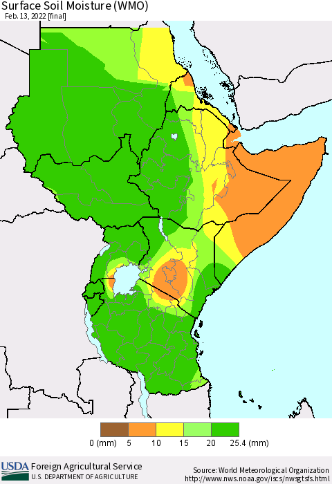 Eastern Africa Surface Soil Moisture (WMO) Thematic Map For 2/7/2022 - 2/13/2022