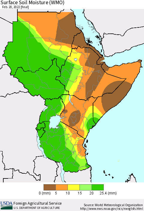 Eastern Africa Surface Soil Moisture (WMO) Thematic Map For 2/14/2022 - 2/20/2022