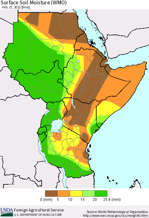 Eastern Africa Surface Soil Moisture (WMO) Thematic Map For 2/21/2022 - 2/27/2022