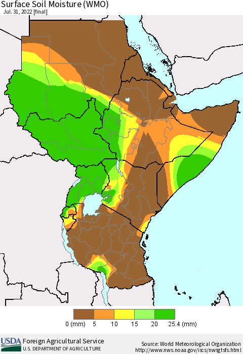 Eastern Africa Surface Soil Moisture (WMO) Thematic Map For 7/25/2022 - 7/31/2022