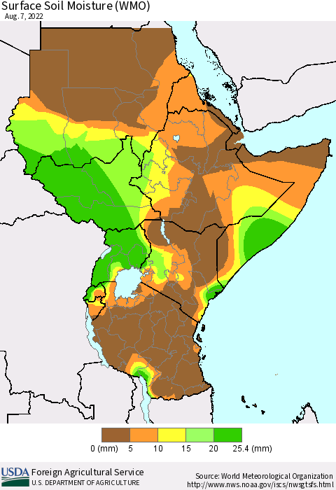 Eastern Africa Surface Soil Moisture (WMO) Thematic Map For 8/1/2022 - 8/7/2022