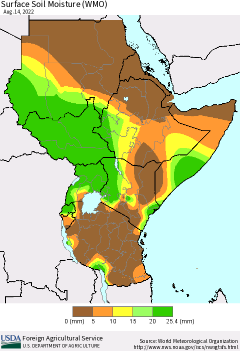 Eastern Africa Surface Soil Moisture (WMO) Thematic Map For 8/8/2022 - 8/14/2022