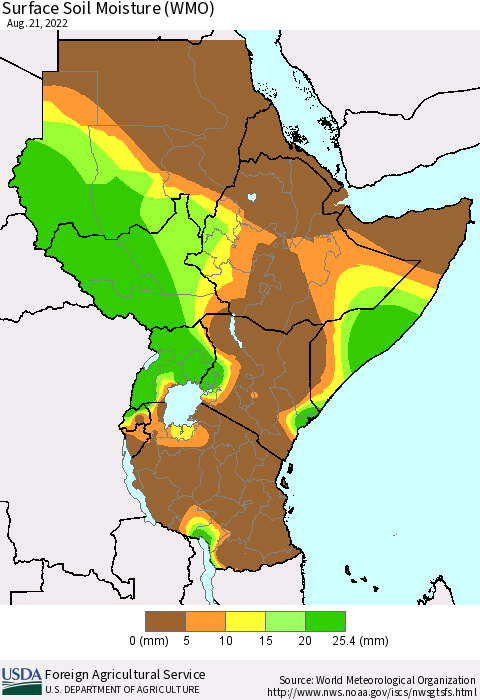 Eastern Africa Surface Soil Moisture (WMO) Thematic Map For 8/15/2022 - 8/21/2022