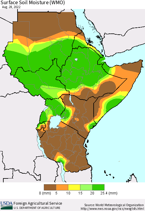 Eastern Africa Surface Soil Moisture (WMO) Thematic Map For 8/22/2022 - 8/28/2022