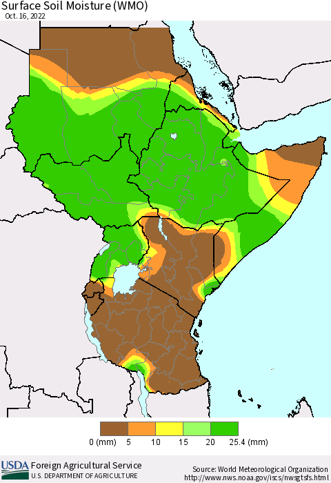Eastern Africa Surface Soil Moisture (WMO) Thematic Map For 10/10/2022 - 10/16/2022