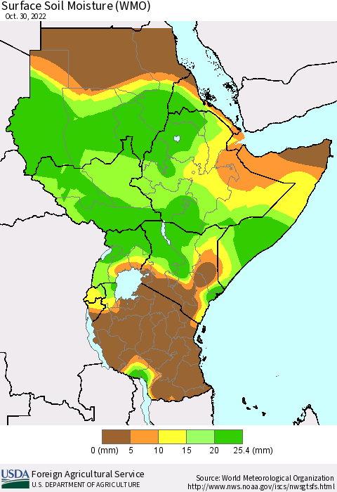 Eastern Africa Surface Soil Moisture (WMO) Thematic Map For 10/24/2022 - 10/30/2022