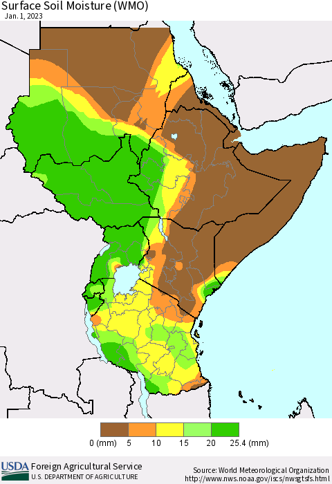 Eastern Africa Surface Soil Moisture (WMO) Thematic Map For 12/26/2022 - 1/1/2023