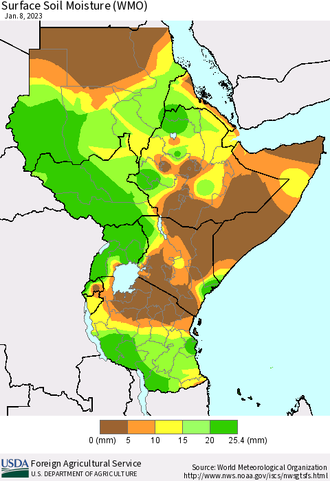 Eastern Africa Surface Soil Moisture (WMO) Thematic Map For 1/2/2023 - 1/8/2023