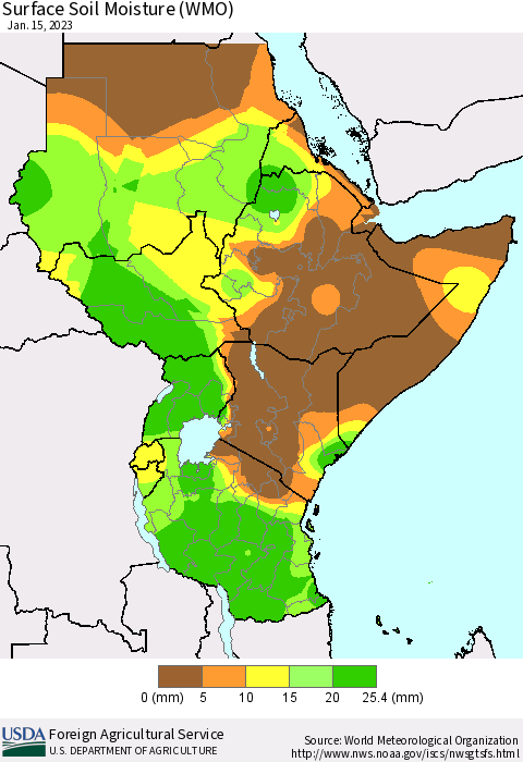Eastern Africa Surface Soil Moisture (WMO) Thematic Map For 1/9/2023 - 1/15/2023