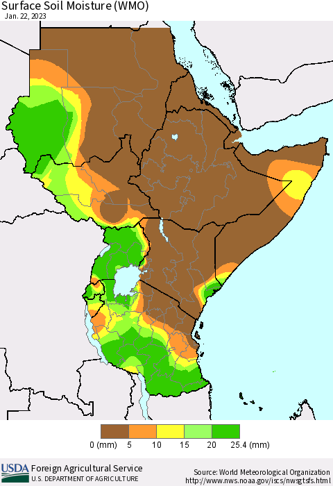 Eastern Africa Surface Soil Moisture (WMO) Thematic Map For 1/16/2023 - 1/22/2023