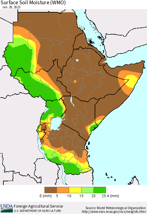 Eastern Africa Surface Soil Moisture (WMO) Thematic Map For 1/23/2023 - 1/29/2023
