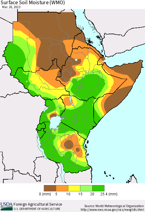 Eastern Africa Surface Soil Moisture (WMO) Thematic Map For 3/20/2023 - 3/26/2023