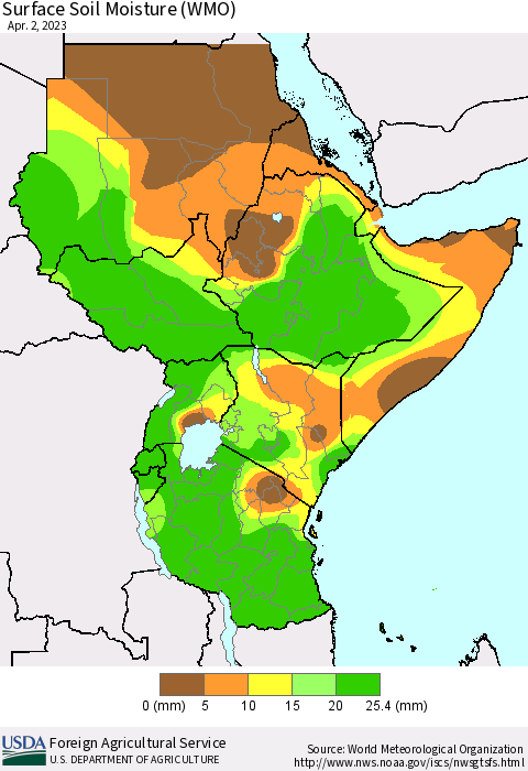 Eastern Africa Surface Soil Moisture (WMO) Thematic Map For 3/27/2023 - 4/2/2023