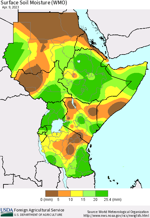 Eastern Africa Surface Soil Moisture (WMO) Thematic Map For 4/3/2023 - 4/9/2023