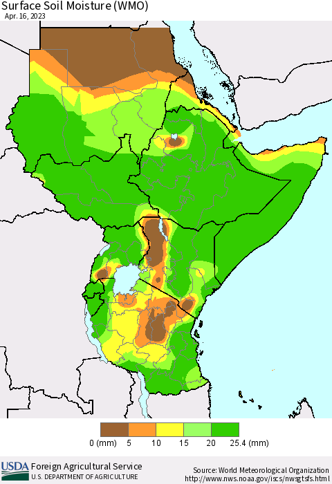 Eastern Africa Surface Soil Moisture (WMO) Thematic Map For 4/10/2023 - 4/16/2023