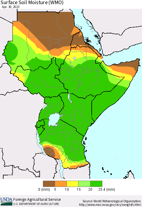 Eastern Africa Surface Soil Moisture (WMO) Thematic Map For 4/24/2023 - 4/30/2023