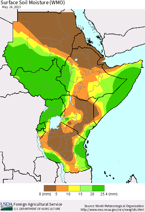 Eastern Africa Surface Soil Moisture (WMO) Thematic Map For 5/8/2023 - 5/14/2023