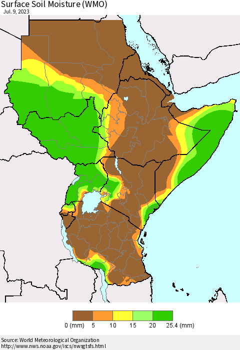 Eastern Africa Surface Soil Moisture (WMO) Thematic Map For 7/3/2023 - 7/9/2023