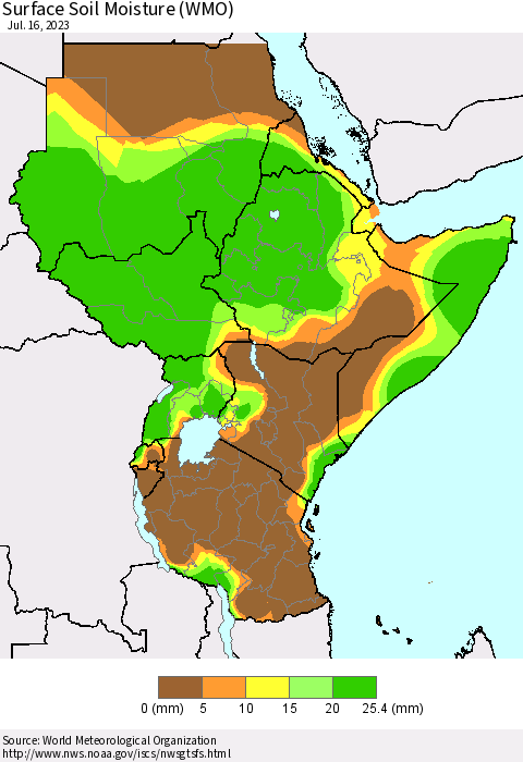 Eastern Africa Surface Soil Moisture (WMO) Thematic Map For 7/10/2023 - 7/16/2023