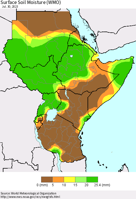 Eastern Africa Surface Soil Moisture (WMO) Thematic Map For 7/24/2023 - 7/30/2023