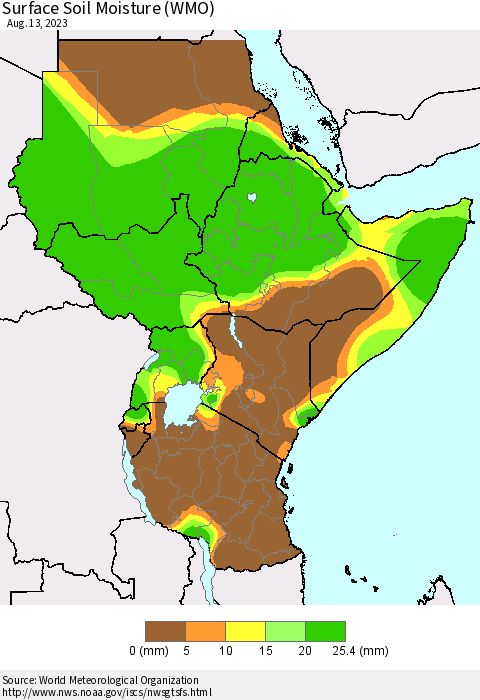 Eastern Africa Surface Soil Moisture (WMO) Thematic Map For 8/7/2023 - 8/13/2023