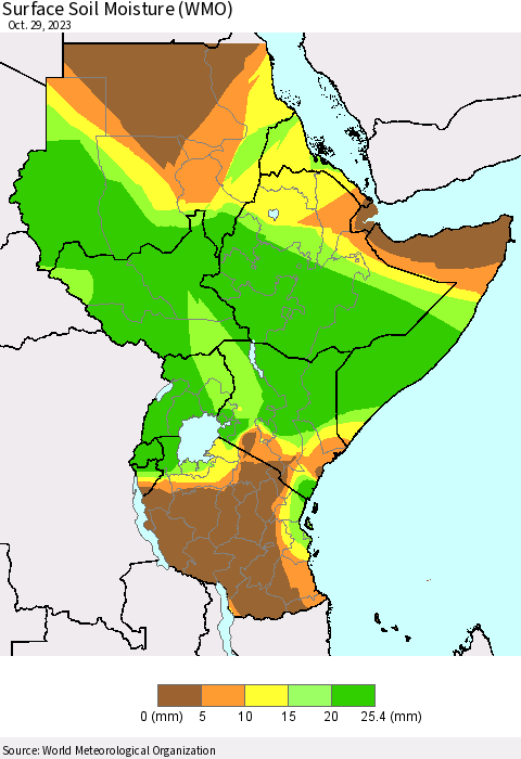 Eastern Africa Surface Soil Moisture (WMO) Thematic Map For 10/23/2023 - 10/29/2023