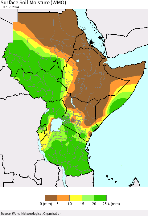 Eastern Africa Surface Soil Moisture (WMO) Thematic Map For 1/1/2024 - 1/7/2024