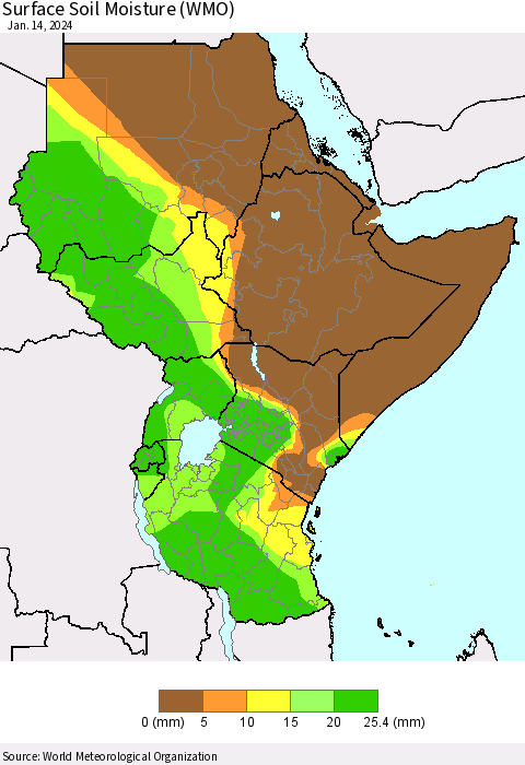 Eastern Africa Surface Soil Moisture (WMO) Thematic Map For 1/8/2024 - 1/14/2024