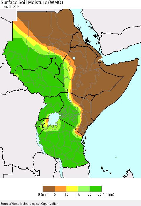 Eastern Africa Surface Soil Moisture (WMO) Thematic Map For 1/15/2024 - 1/21/2024